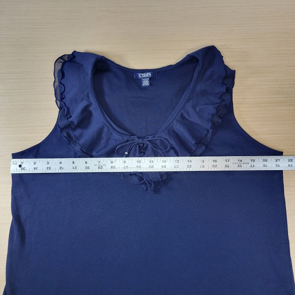 Chaps Ruffle Neck Sleeveless Top Women Size 2X Navy Blue Tie Front Nautical - Picture 8 of 9